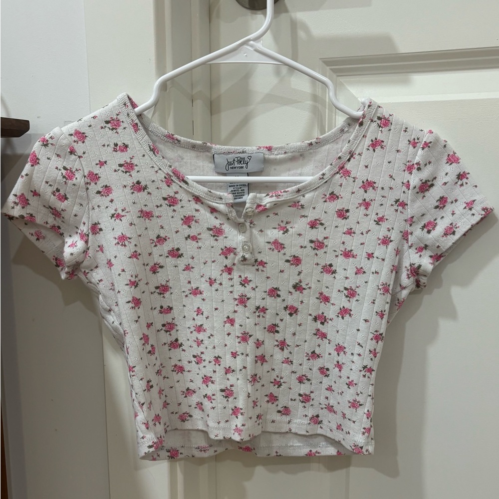 Just Polly New York Floral Ribbed Baby Tee – NEW